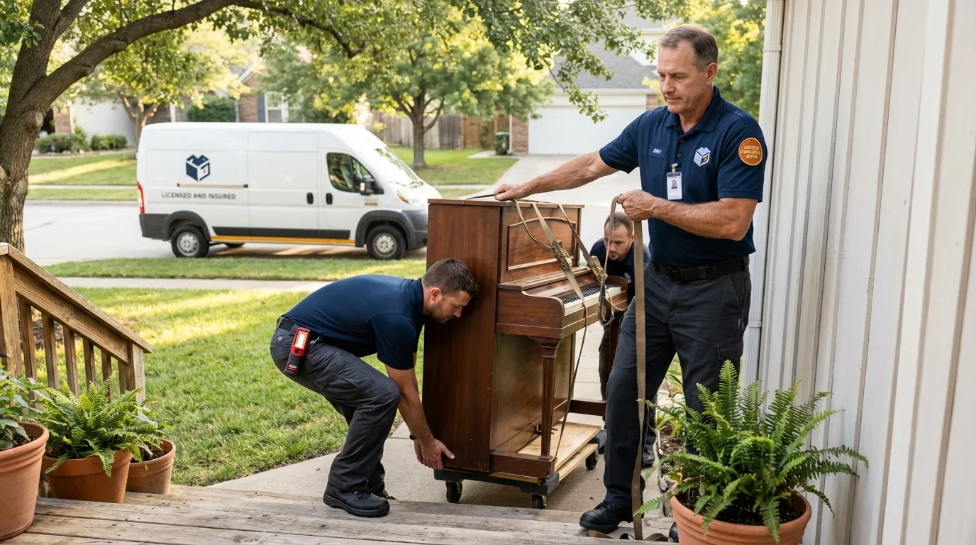Licensed piano movers securing grand piano in Osage City, KS