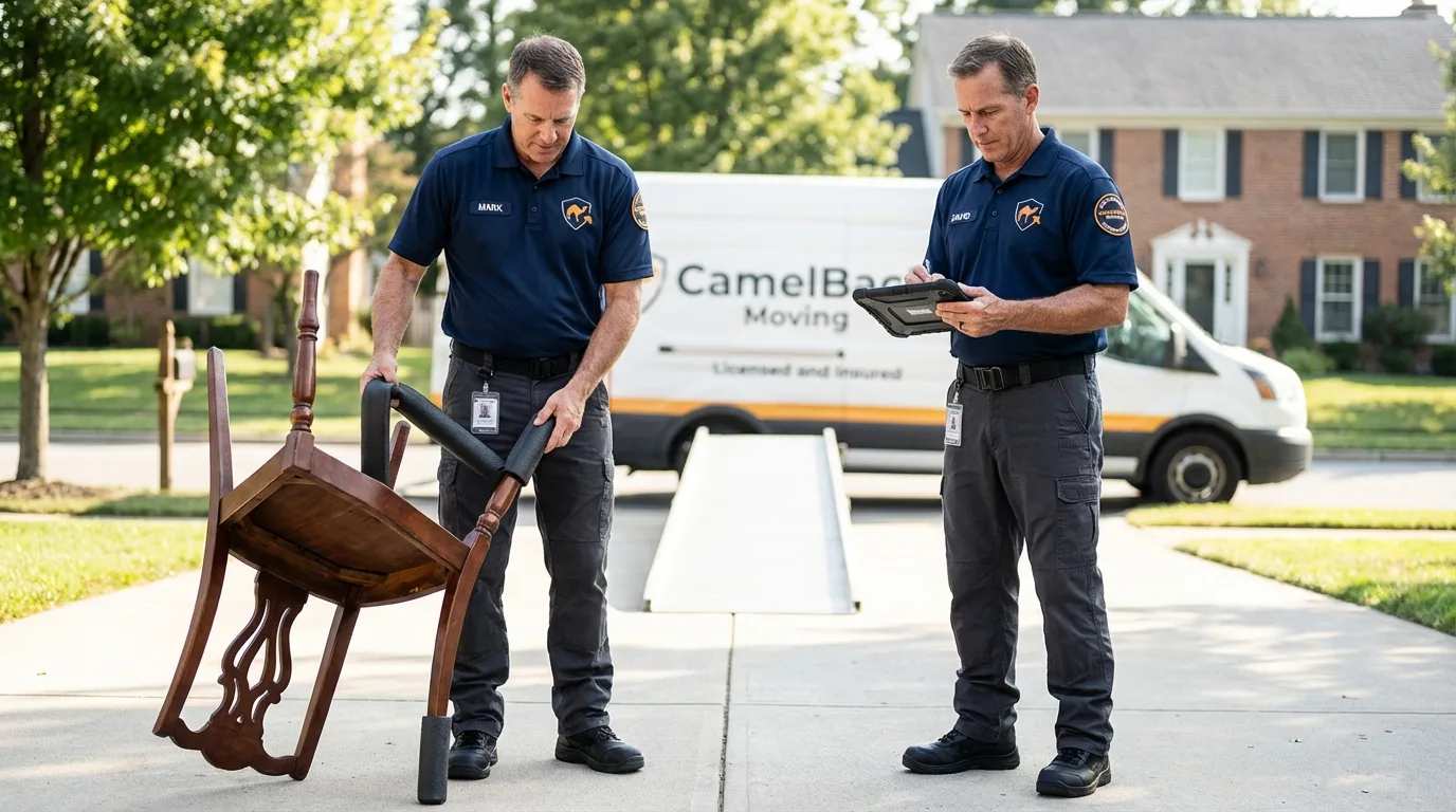Movers inspecting furniture for damage prevention before loading in Osage City, KS