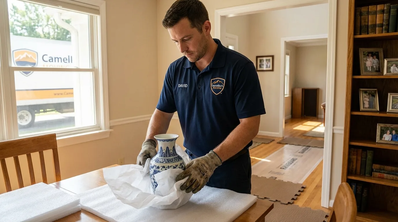 Professional crew carefully wrapping antique vase for senior downsizing move in Osage City, KS